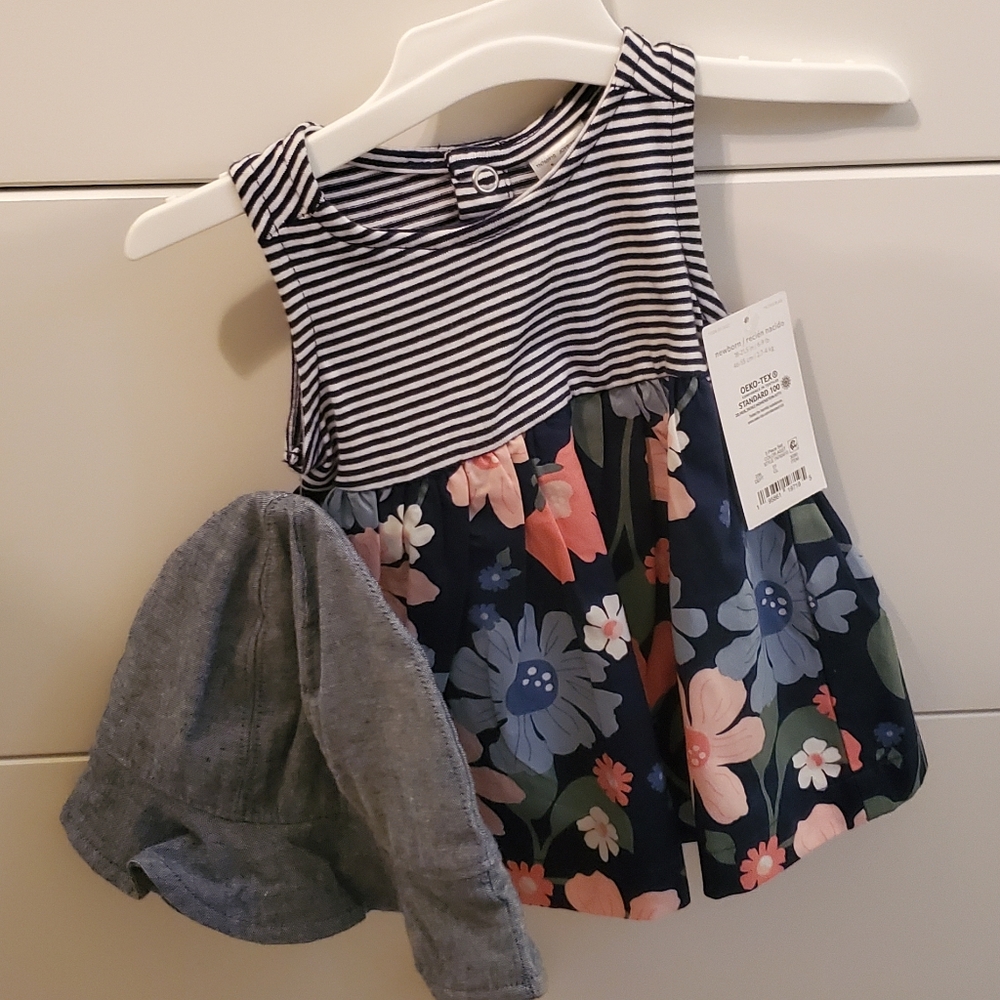 Striped floral dress w/ hat Just one you size Newborn NEW WITH TAGS